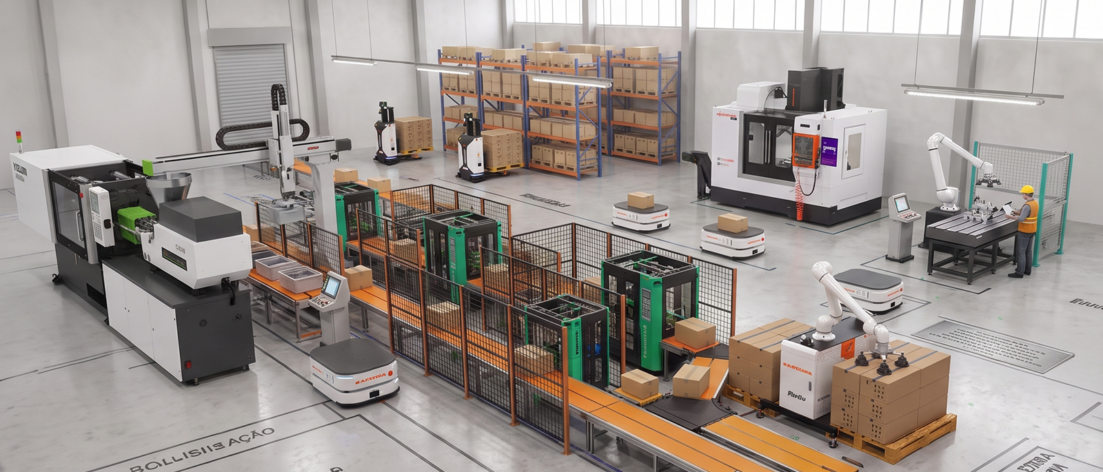 Fábrica automatizada Alltech: injetora, células robotizadas, paletização, AMRs e centro de usinagem operando em conjunto